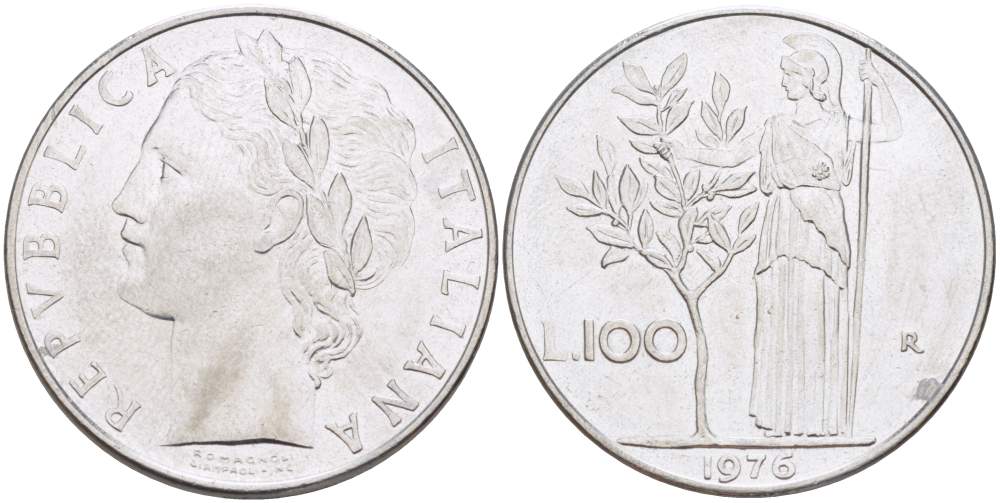 ИТАЛИЯ 100 ЛИР 1976 R, АФИНА, ДИАМЕТР 28 ММ. KM 96.1 нержавеющая сталь 4389-1043