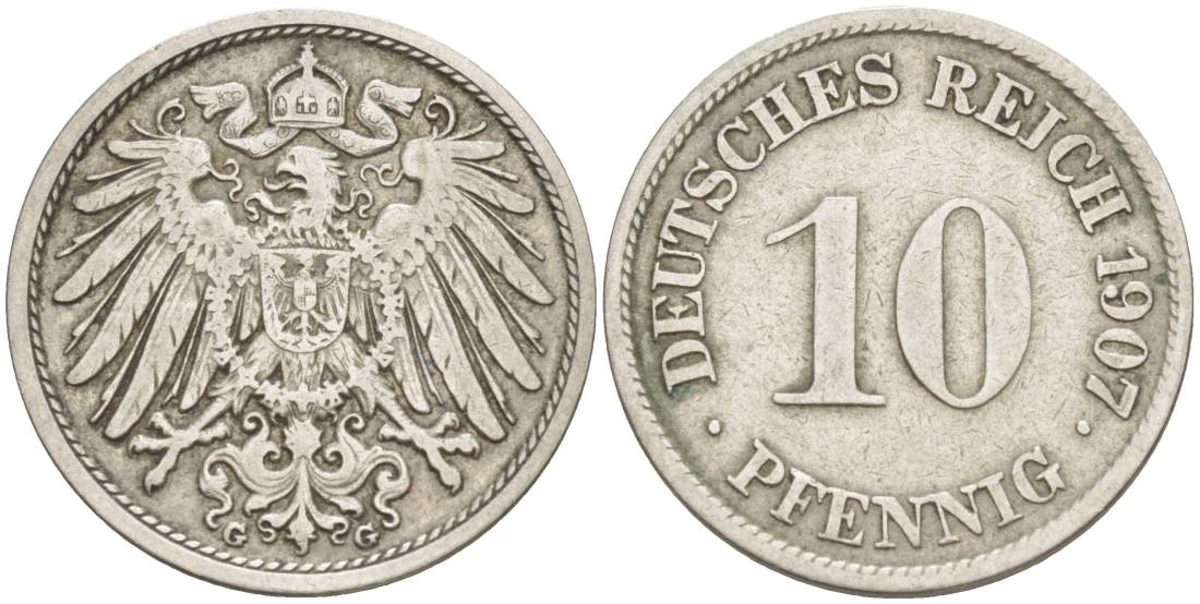 Германия 10 пфеннигов 1907 G KM 12, Jager 13, Weege 8 медно-никель 219-136