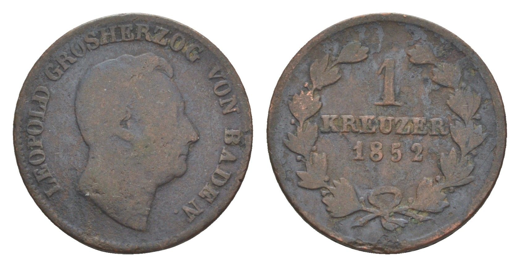 Баден 1 крейцер 1852 Леопольд (1830-1852) KM 218 медь 4639-935