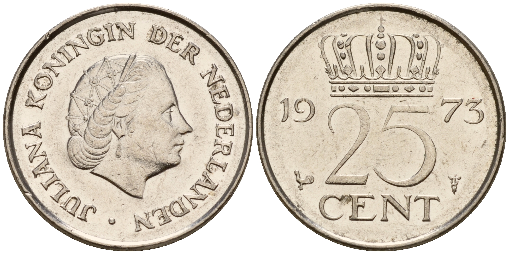 Нидерланды 25 центов 1973 Юлиана (1949-1980) KM 183 никель    4598-467