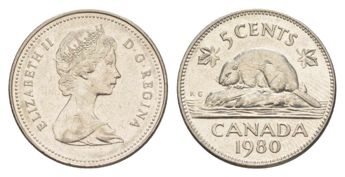 Канада 5 центов 1980 Елизавета II (1952-2022), бобр KM 60.2 никель 4630-728