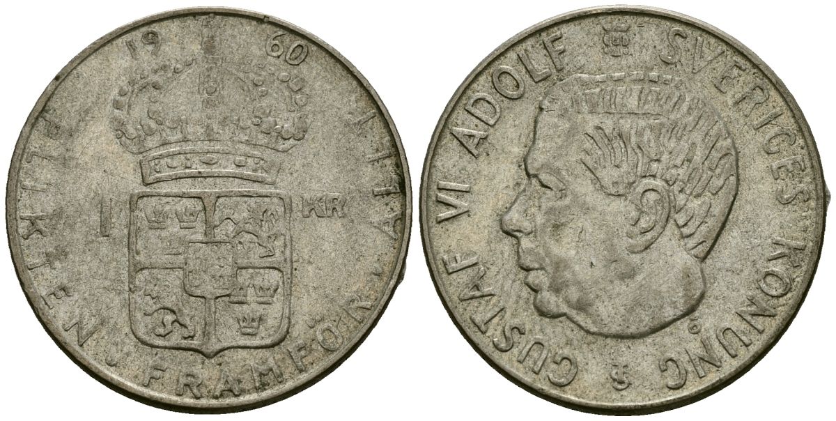 Швеция 1 крона 1960 TS, Густав VI Адольф (1950-1973) KM 826 серебро 4177-1013