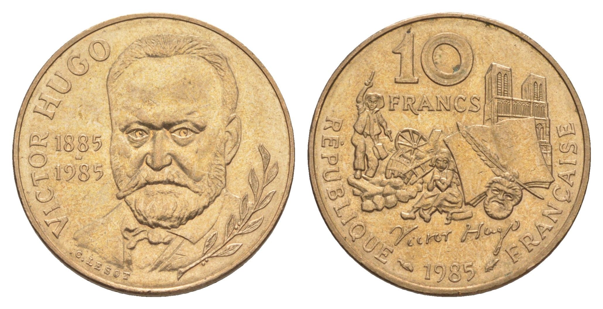 Франция 10 франков 1985 100 лет со дня смерти Виктора Гюго KM 956 никель латунь UNC 4637-313