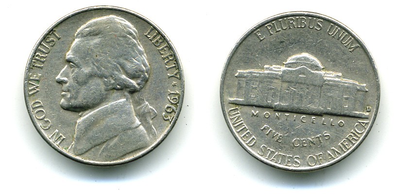 США 5 ЦЕНТОВ 1963 D, ДЖЕФФЕРСОН KM A192 медно-никель 53-446