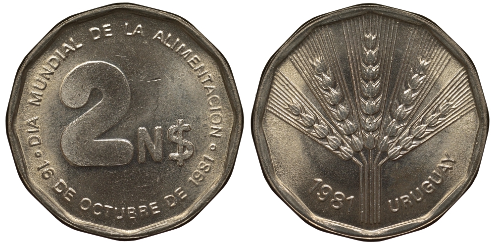 Уругвай 2 новых песо 1981 FAO, продовольственная программа KM 77 медь никель цинк UNC M22-20