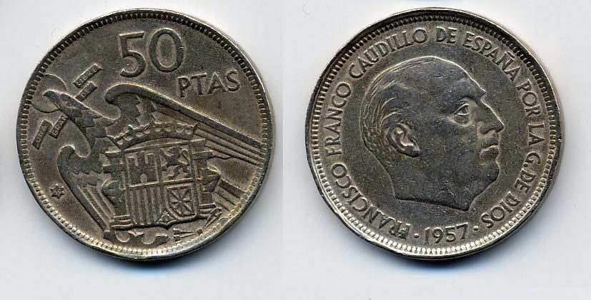 ИСПАНИЯ 50 ПЕСЕТ 1959 ТИПАЖ: 1957 КАУДИЛЬО ПТИЦА KM 788 медно-никель 54-2312