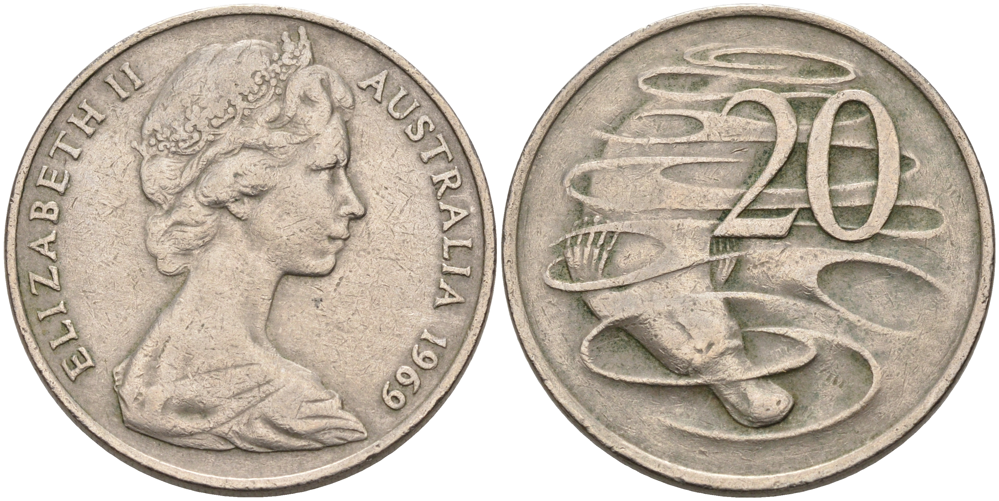 Австралия 20 центов 1969 Елизавета II (1952-2022), утконос KM 66 медно-никель 4565-821