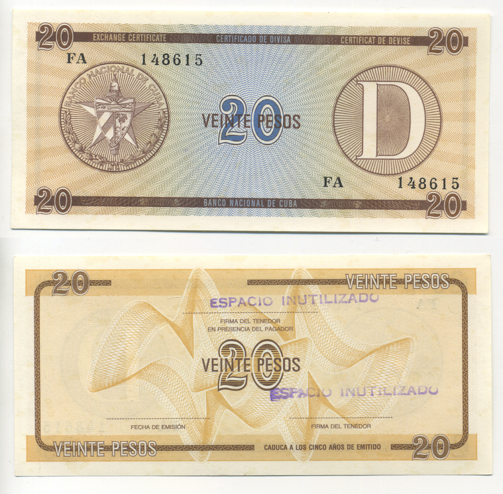 Куба, валютный сертификат 20 песо ND серия D, желтая, второй выпуск Pick FX 36 бумага UNC (пресс) 7217-73-1-2