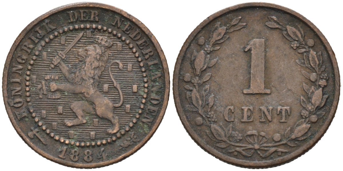 Нидерланды 1 цент 1884 Виллем III (1849-1890) KM 107 бронза 4576-617