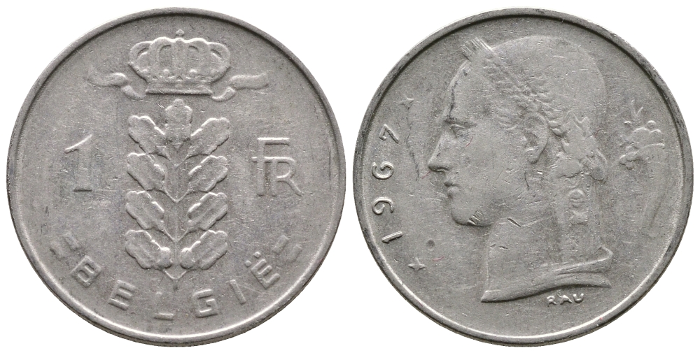 БЕЛЬГИЯ 1 ФРАНК 1967 BELGIE KM 143.1 медно-никель 4382-1137