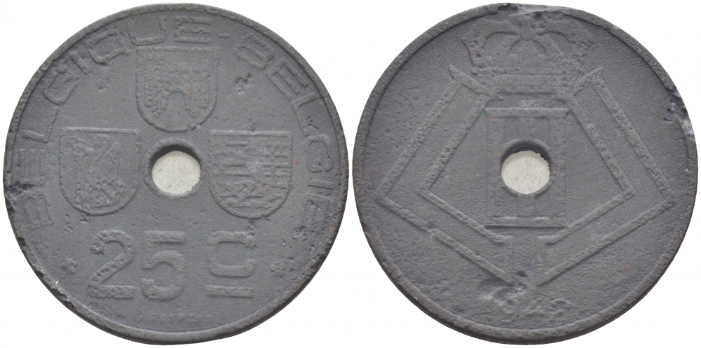 БЕЛЬГИЯ 25 САНТИМОВ 1942 BELGIQUE-BELGIE, ГЕРМАНСКАЯ ОККУПАЦИЯ, ВТОРАЯ МИРОВАЯ ВОЙНА KM 131 цинк 3856-947