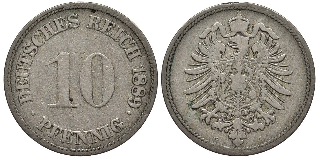 ГЕРМАНИЯ 10 ПФЕННИГОВ 1889 G, СТАРОГЕРБОВКА KM 4, Jager 4, Weege 7 медно-никель 4543-817