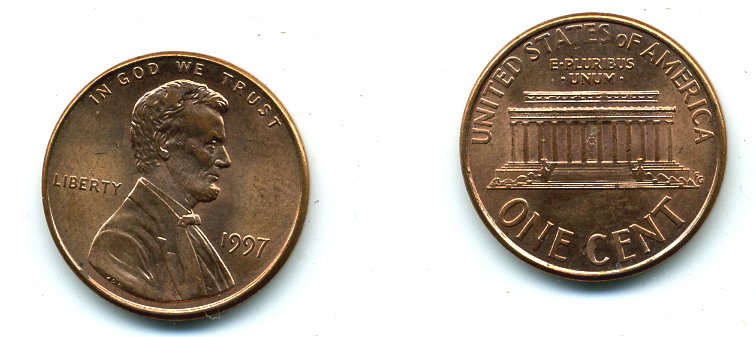 США 1 ЦЕНТ 1997 KM 201b цинк плакированный медью 46-1062