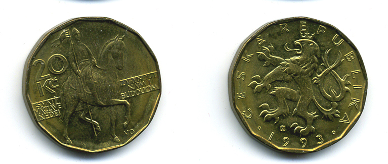 Чехия 20 крон 1993 чешский лев, герцог Вацлав на коне KM 5 сталь плакированная латунью 35-532