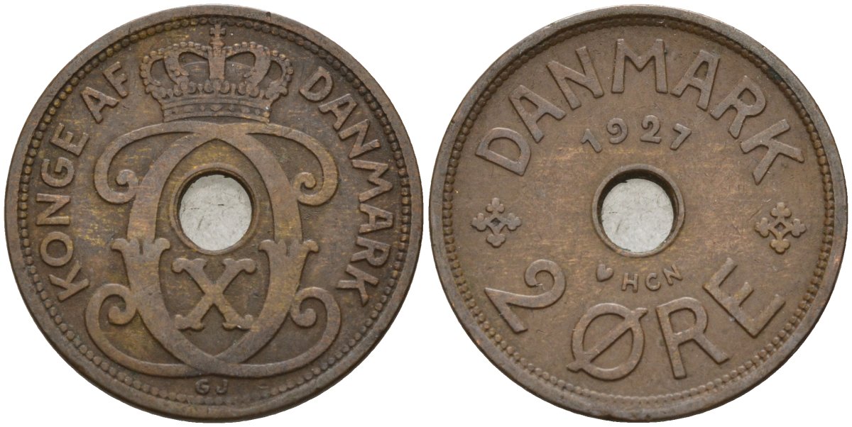 Дания 2 эре 1927 Кристиан X (1912-1947) KM 827 бронза 4147-444