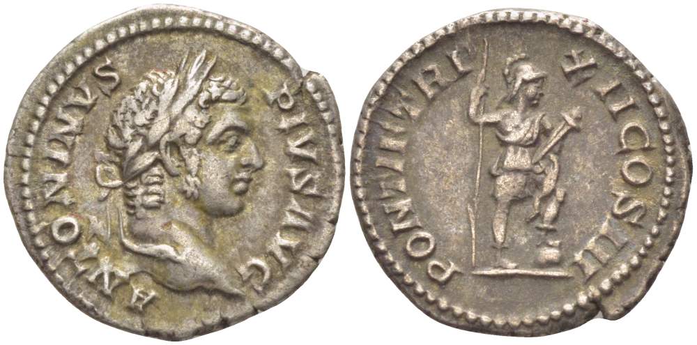 Римская Империя денарий 209 Каракалла, ANTONINVS PIVS AVG, бюст императора / PONTIF TRP XII COS III, Виртус, персонификация Доблести, Рим, 2,81 гр RIC 112 серебро 1073-18-83