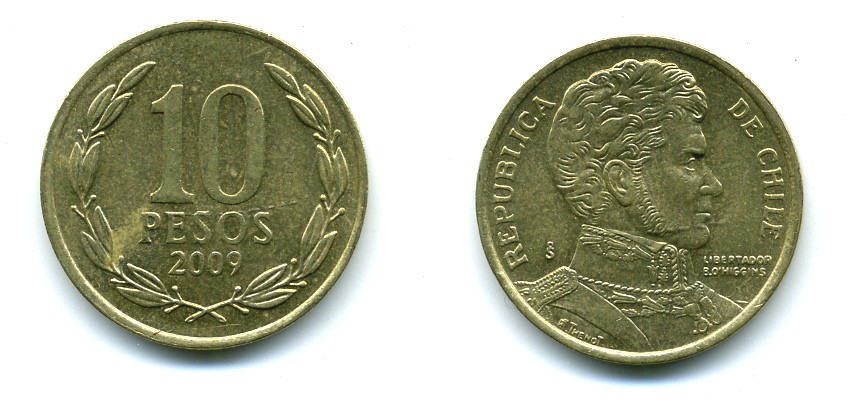 ЧИЛИ 10 ПЕСО 2009 ГЕНЕРАЛ БЕРНАРДО О ХИГГИНС KM 228.2 никель-бронза 37-743
