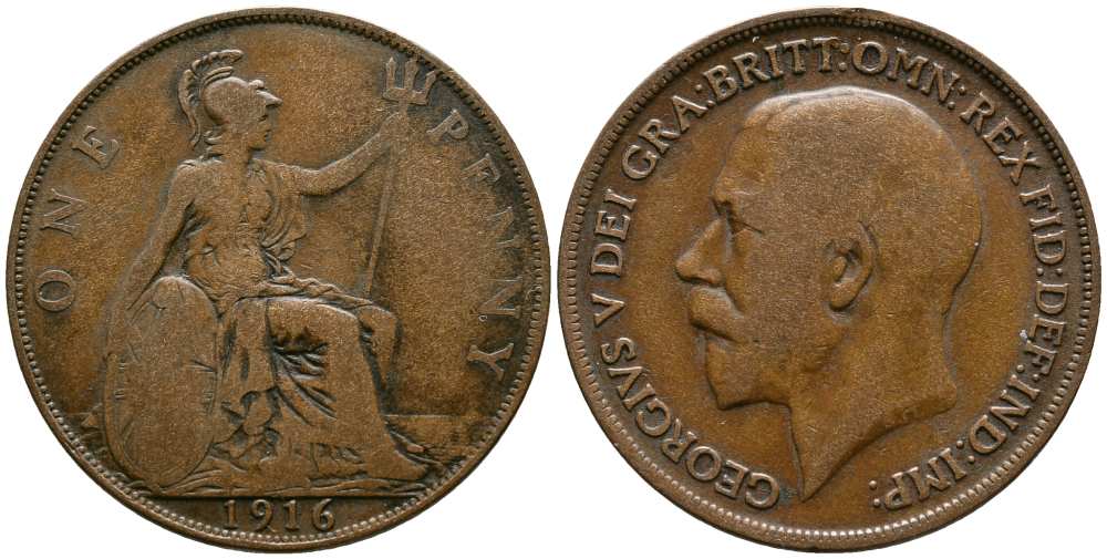 Великобритания 1 пенни 1916 Георг V (1910-1936) KM 810, Spink 4051 бронза 1518-835
