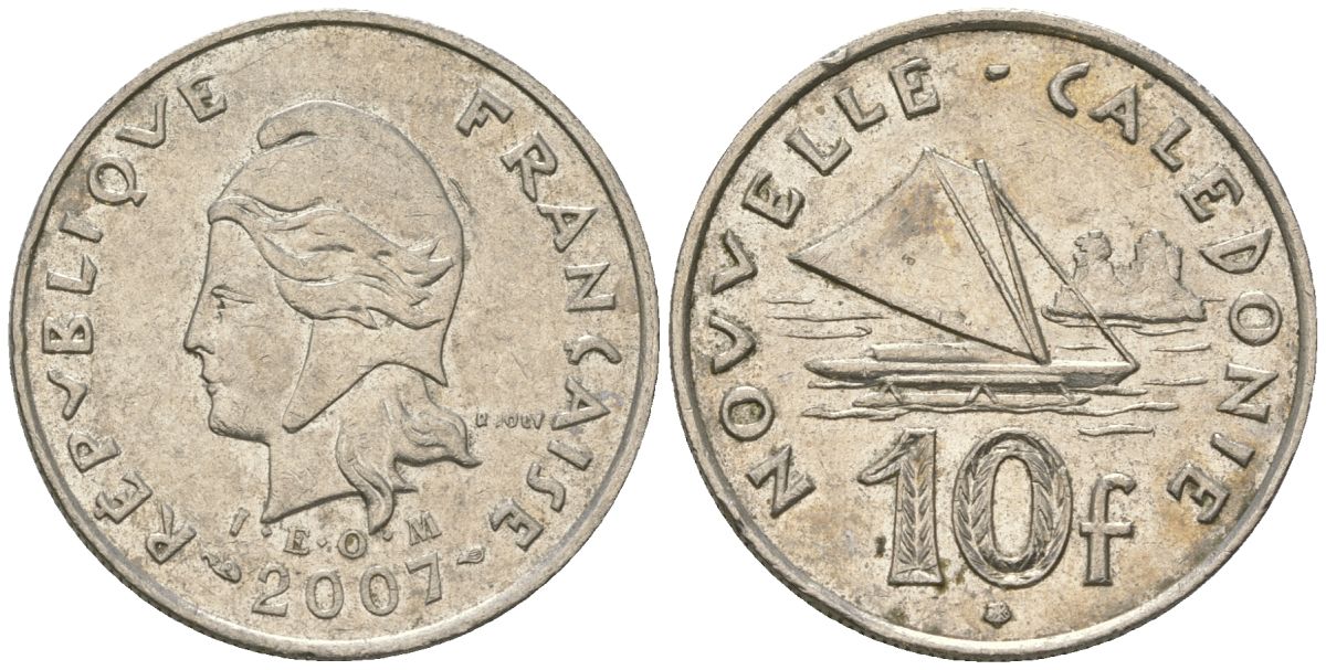 Французская Новая Каледония 10 франков 2007 рыбачья парусная лодка, (IEOM) KM 11a, Schoen 13a, Lec 99k медно-никель 56-535