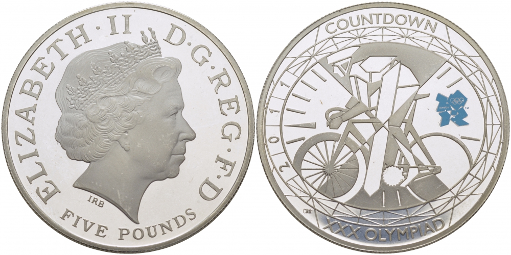 Великобритания 5 фунтов 2011 Елизавета II (1952-2022), XXX Летние Олимпийские игры 2012 в Лондоне 2012 - Обратный отсчет 1 год до начала, велосипедный спорт, KM 1202, Spink LO35 серебро PROOF 1077-6-21