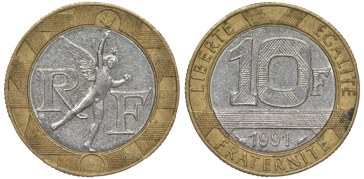 Франция 10 франков 1991 тип гений Бастилии KM 964.1, Le Frank 375.6 биметалл 45-846