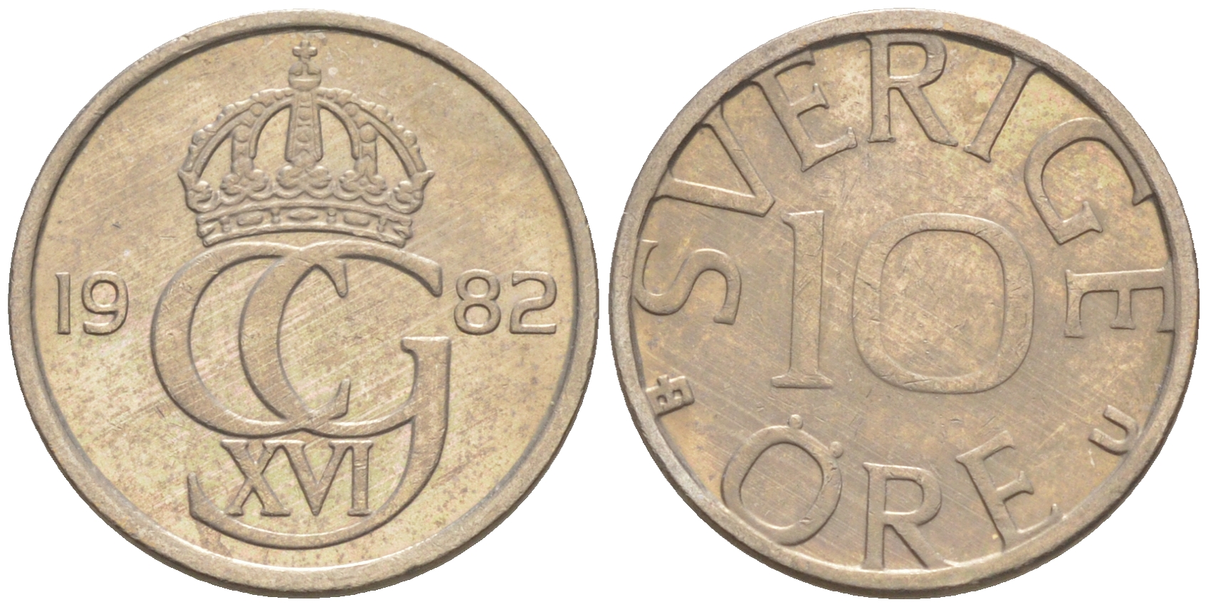 Швеция 10 эре 1982 U, Карл XVI Густав (1973- ) KM 850 медно-никель UNC 187-832