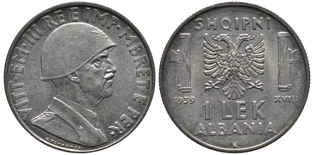 Албания 1 лек 1939 R, год XVIII, Итальянская оккупация, вторая мировая KM 31 нержавеющая сталь 109-1013