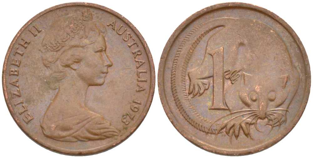 Австралия 1 цент 1973 Елизавета II (1952-2022), молодой портрет, опоссум KM 62 бронза 100-763