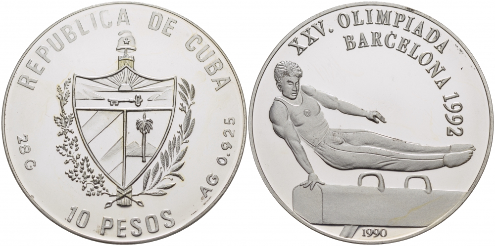 Куба 10 песо 1990 XXV летние Олимпийские игры 1992 года в Барселоне, гимнаст на коне KM 369 серебро PROOF 11-177-33
