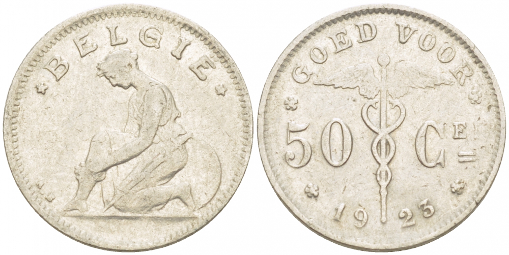 БЕЛЬГИЯ 50 САНТИМОВ 1923 BELGIE KM 88 никель 261-1126