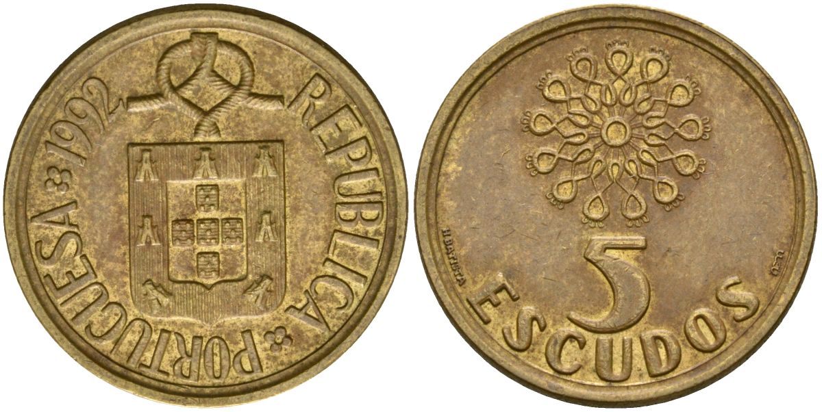 Португалия 5 эскудо 1992 KM 632 никель латунь 4573-954