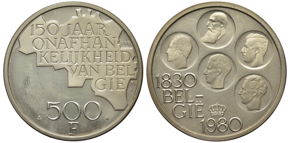 Бельгия 500 франков 1980 150 лет независимости, Belgie, Бодуэн I (1951-1993) KM 162 медно-никель покрытый серебром UNC 443-233