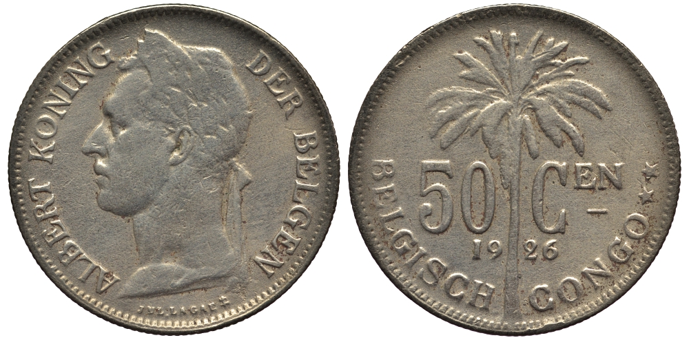 Бельгийское Конго 50 сантимов 1926 пальма KM 23 медно-никель 1524-1023