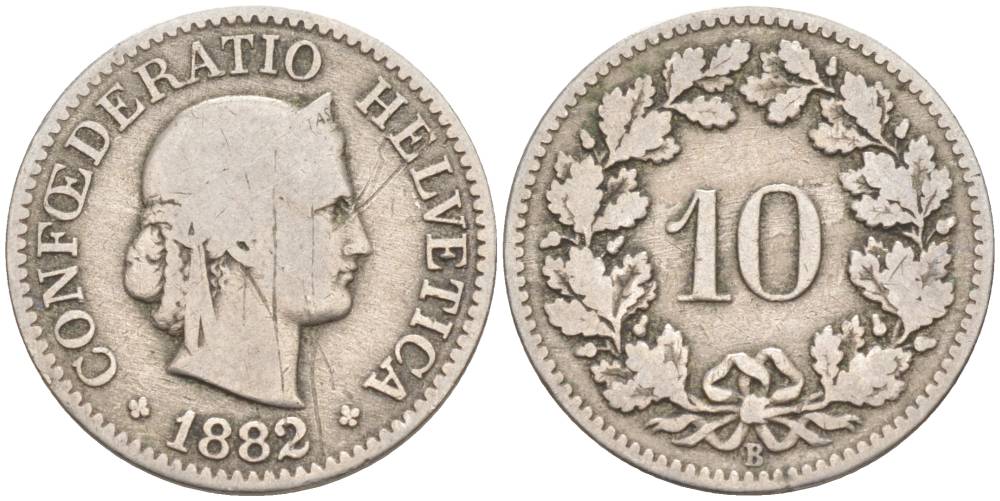 Швейцария 10 раппенов 1882 В KM 27 медно-никель 4181-1043