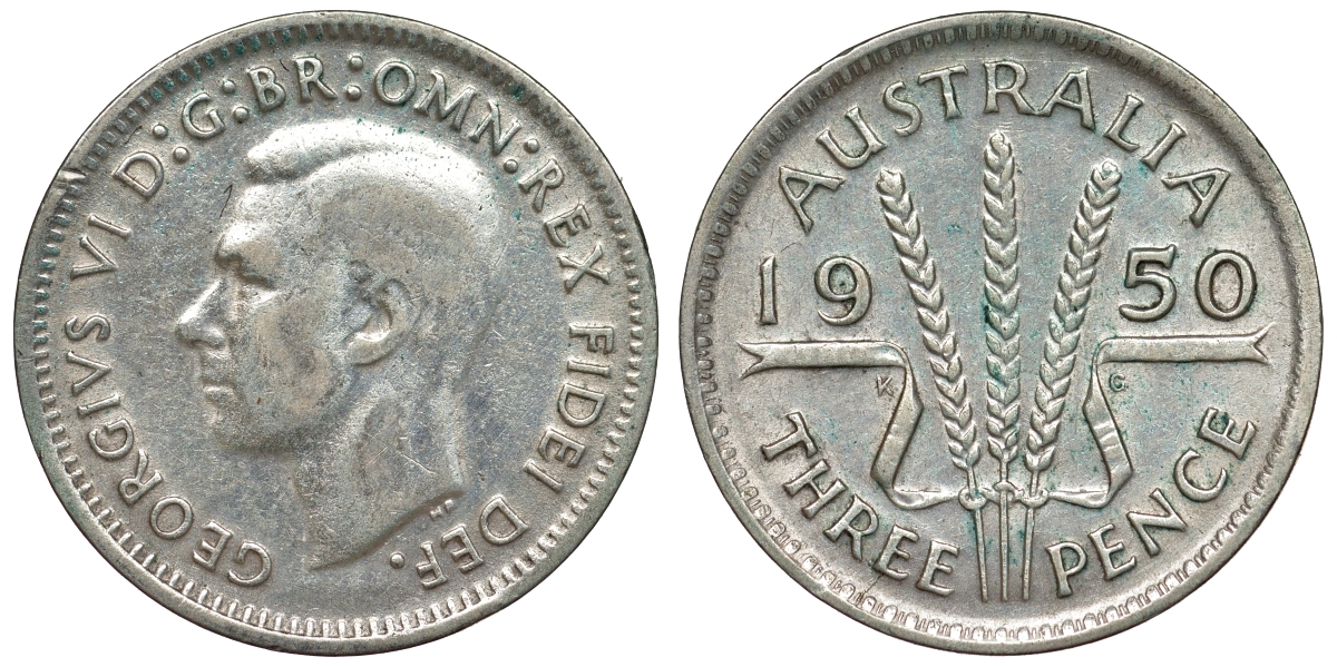 Австралия 3 пенса 1950 m, Георг VI (1937-1952), без букв KM 44 серебро 71-257