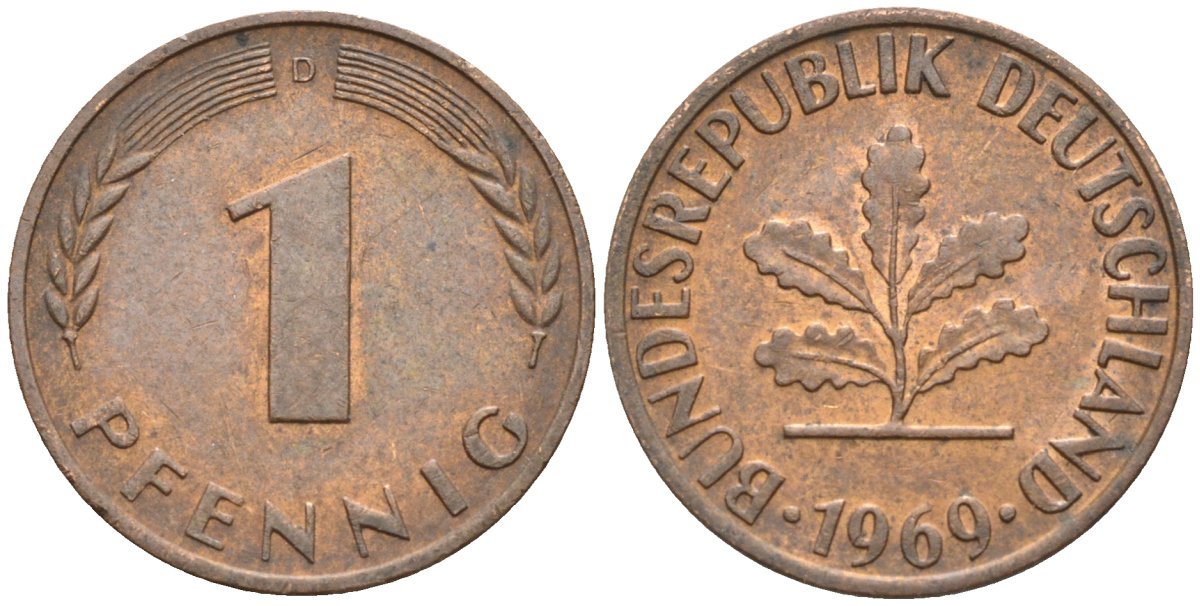 ФРГ 1 пфенниг 1969 D KM 105, J.380 сталь плакированная медью 4174-617