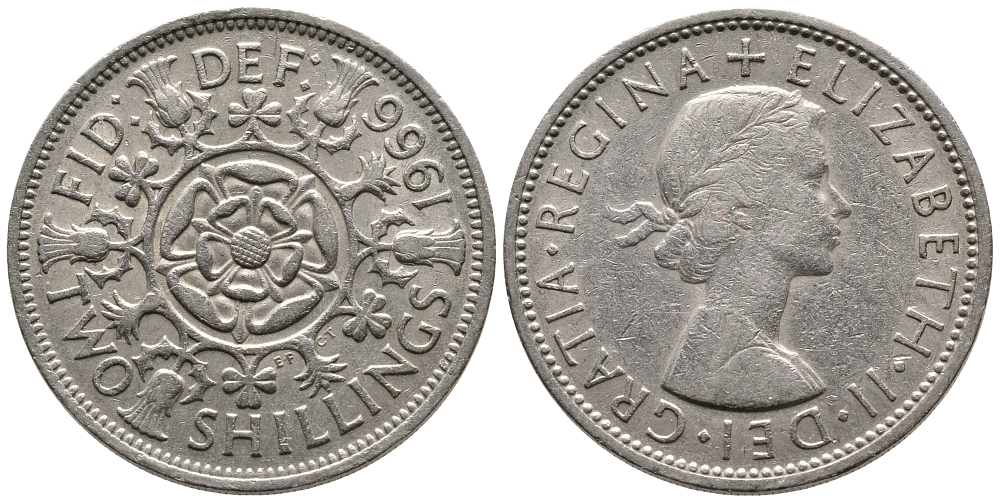Великобритания 2 шиллинга (флорин) 1966 Елизавета II (1952-2022) KM 906, Spink 4146 медно-никель 4680-746