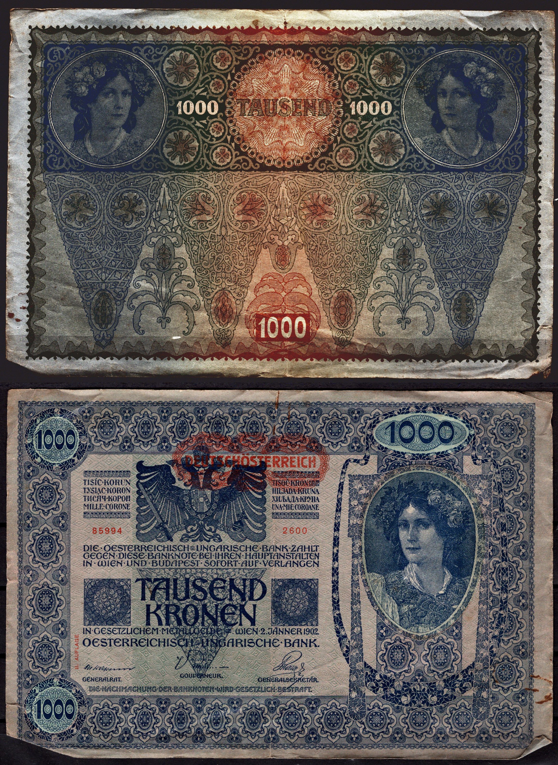 Австрия 1000 крон 1919 Женщина, австрийское знаме, с печатью Pick 61 (2) бумага 7547-87-3-2