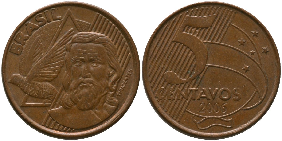 Бразилия 5 сентаво 2006 KM 648, Schon 156 сталь плакированная медью 4523-1044