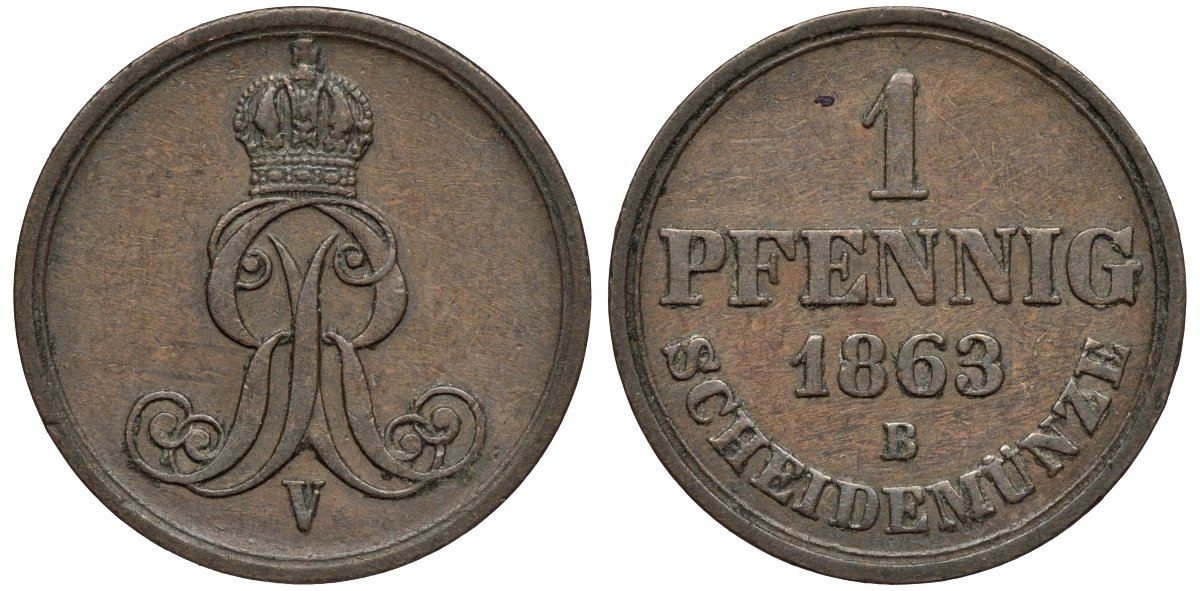 Ганновер 1 пфенниг 1863 B, Георг V KM 233, AKS 156, J. 90 медь 4594-233