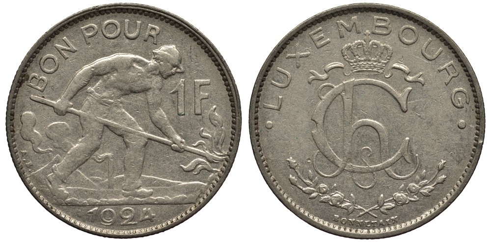 ЛЮКСЕМБУРГ 1 ФРАНК 1924 СТАЛЕВАР, ДИАМЕТР 22,8 ММ., ВЕЛИКАЯ ГЕРЦОГИНЯ ШАРЛОТТА (1919-1964) KM 35 никель 4538-851