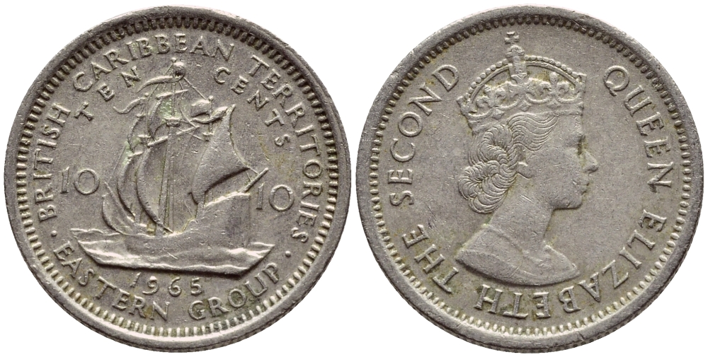 Британские Восточно-Карибские территории 10 центов 1965 Елизавета II (1952-2022), парусник KM 5 медно-никель 4392-845