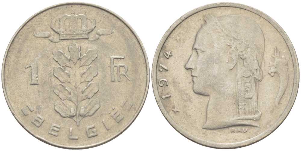 БЕЛЬГИЯ 1 ФРАНК 1974 BELGIE, БОДУЭН I (1951-1993) KM 143.1 медно-никель 213-346