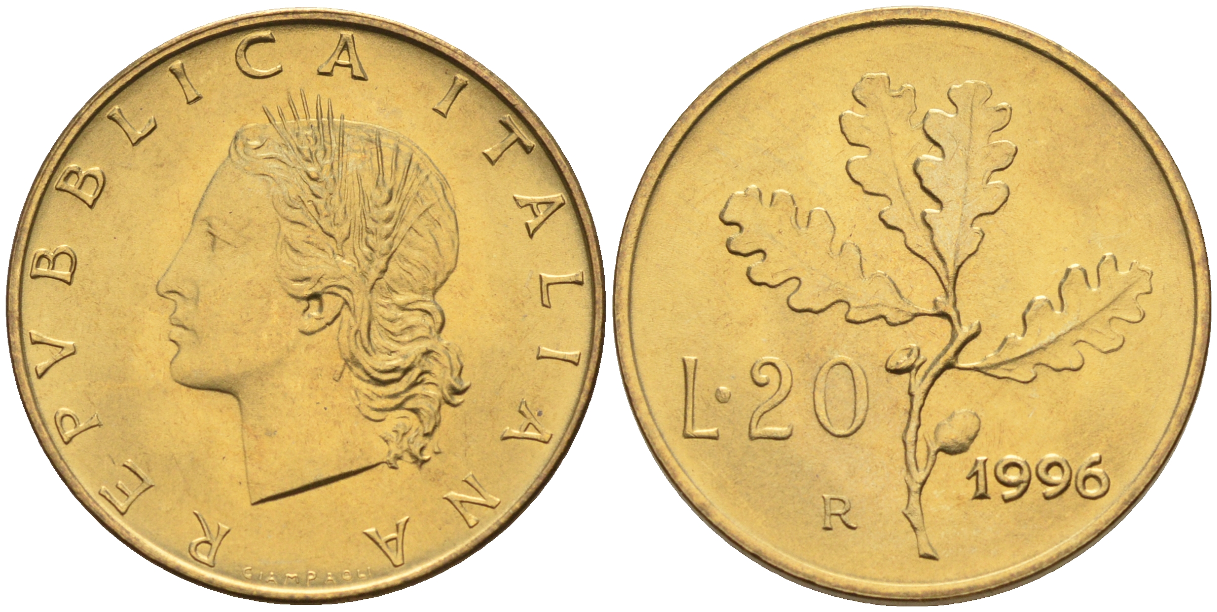 Италия 20 лир 1996 R, дубовый лист KM 97.2 алюминиевая бронза  UNC  4594-1048