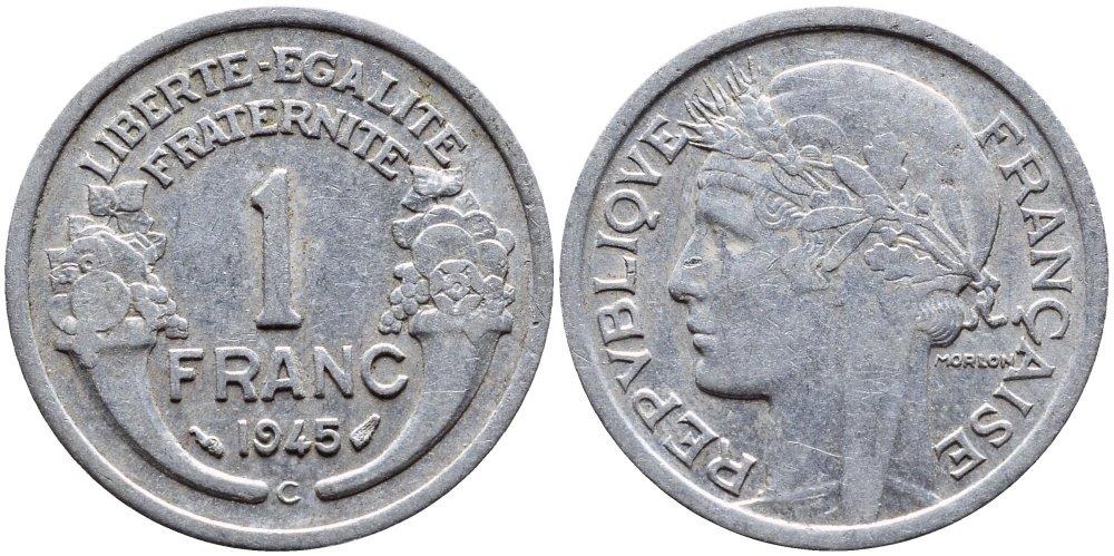 ФРАНЦИЯ 1 ФРАНК 1945 C KM 885a.3 алюминий 4393-1136