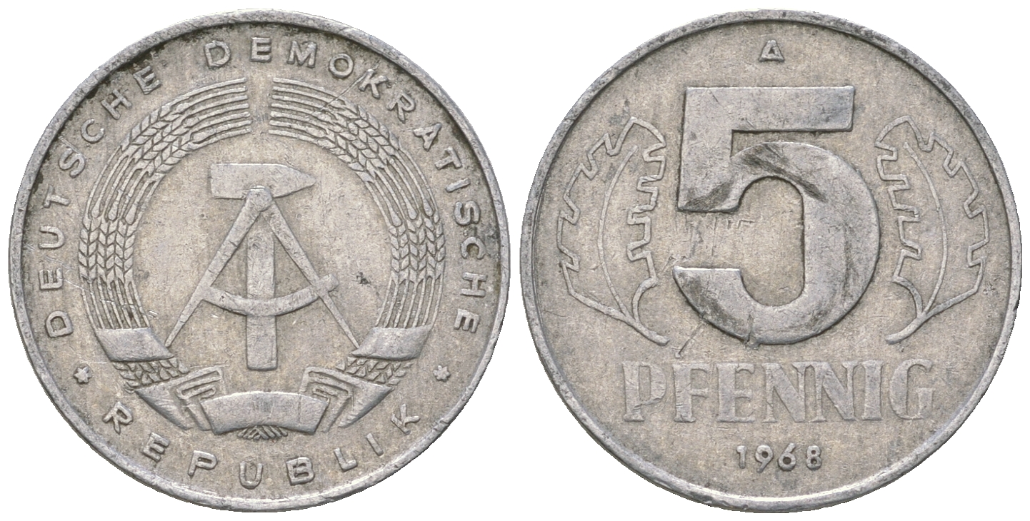 ГДР 5 пфеннигов 1968 А KM 9.1 алюминий 4625-155