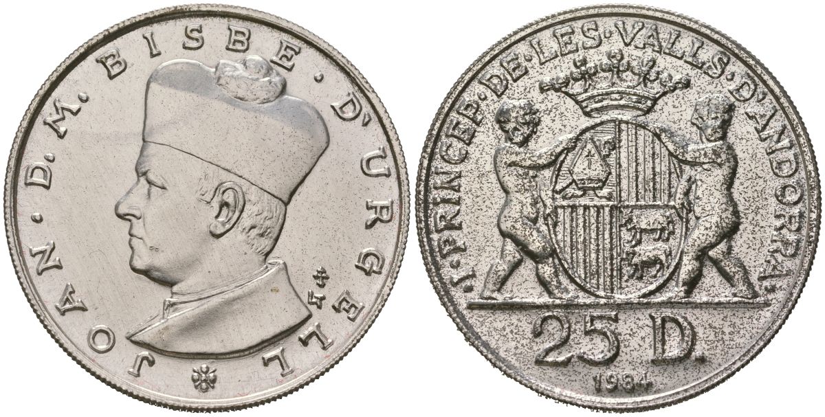 Андорра 25 динеров 1984 Жоан Марти-и-Аланис. Епископ Уржеля, тираж 4450 экз. KM 18 серебро BU 4368-121