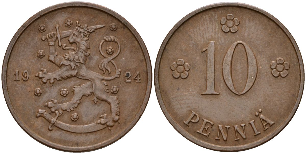 Финляндия 10 пенни 1924 республика (1918-1962) KM 24 медь 46-1031