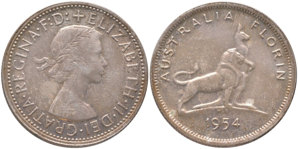 Австралия 1 флорин = 2 шиллинга 1954 Королевский визит в Австралию, Елизавета II (1952-2022), английский лев и кенгуру KM 55 серебро 81-246