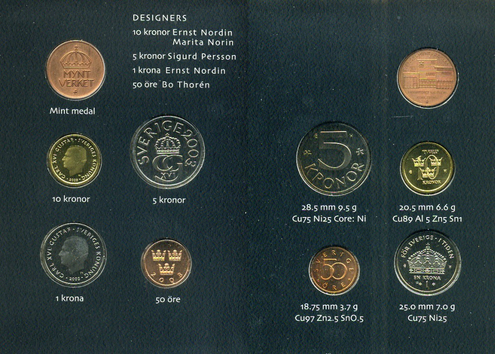 Швеция госнабор из 4 монет плюс оригинальный жетон, в картонном буклете Карл XVI Густав (1973- ), 2003 PROOFLIKE 3-4-1-51